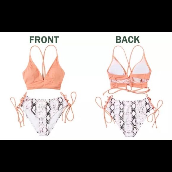 High Waist Snakeskin Print 2 Piece Lace up Bikini - Picture 4 of 5